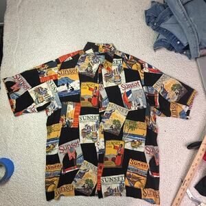 Vintage Reyn Spooner Shirt Mens Medium Black Yellow Sunset Magazine Hawaiian